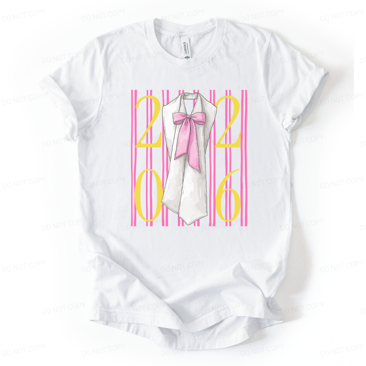 Graduation 2026 preppy themed white graphic t shirt. The design features bold 2026 lettering layered over vertical pink stripes, centered with a graduation sash illustration accented by a soft pink bow. The bright color contrast and feminine detailing create a standout senior year statement with clear Class of 2026 visibility and trend driven appeal.