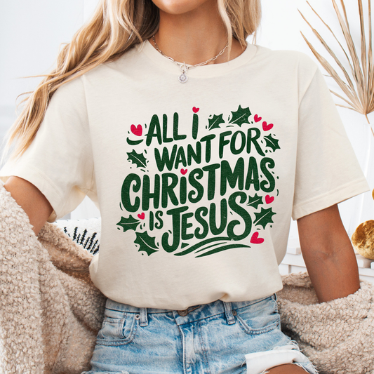 Person wearing a cream color t-shirt with Christmas-themed text.  All I want for Christmas is Jesus