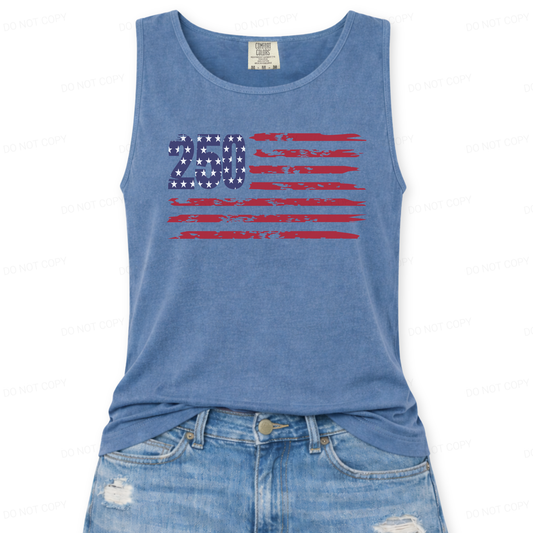 blue tank top with '250 American flag design' design on a white background