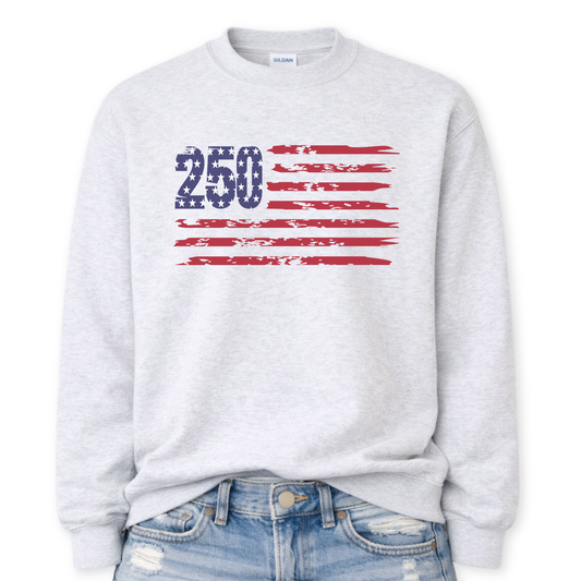 Gray sweatshirt with American flag design and number 250, worn with blue jeans on a white background