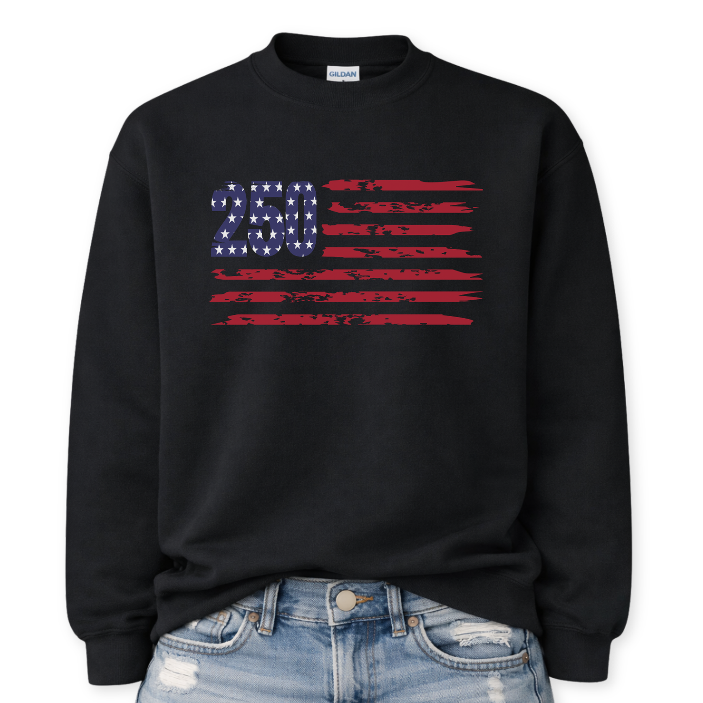 black sweatshirt with American flag design and number 250, worn with blue jeans on a white background