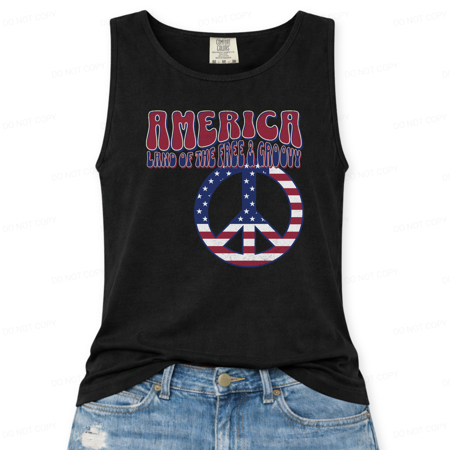 Black tank top with 'America Land of the Free & Hungry' text and peace symbol on a white background