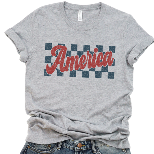 America checkered 4th of July graphic t-shirt, USA Holiday tee