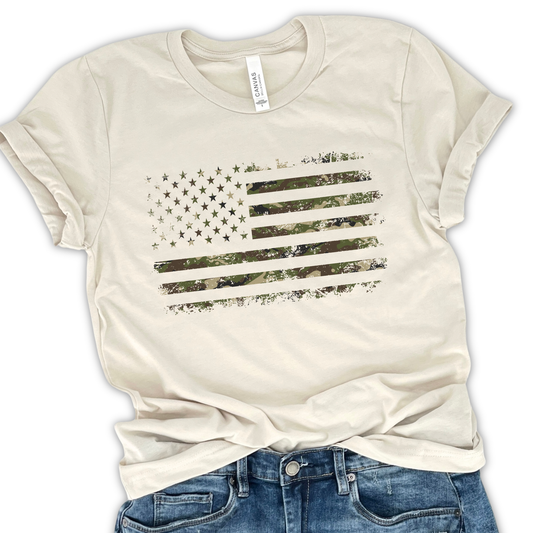 Camouflage distressed American Flag graphic t-shirt, 4th of July