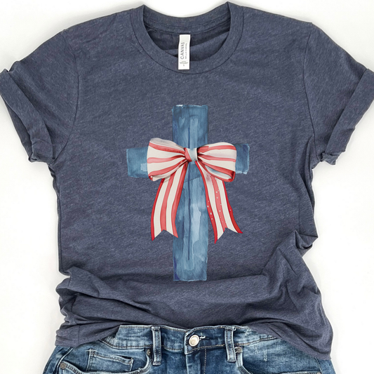 Christian cross graphic t-shirt, Fourth of July coquette bow