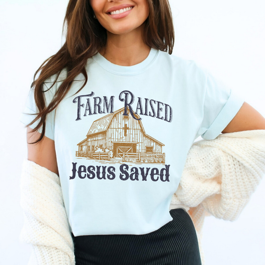 Farm raised Jesus Saved Comfort Color graphic t-shirt, Religious