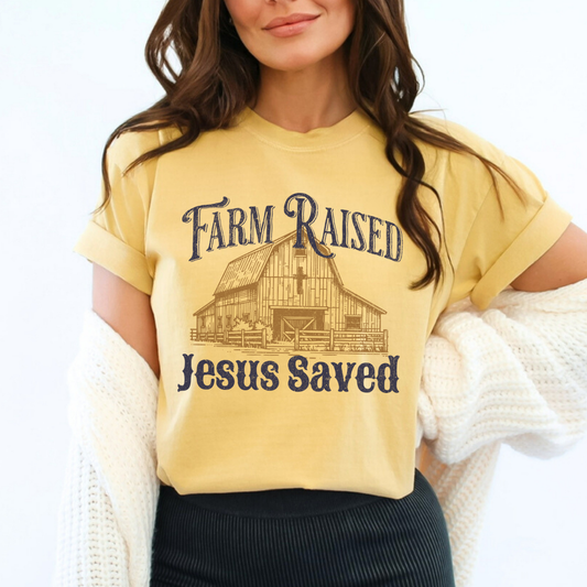 Farm raised Jesus Saved Comfort Color graphic t-shirt, Religious