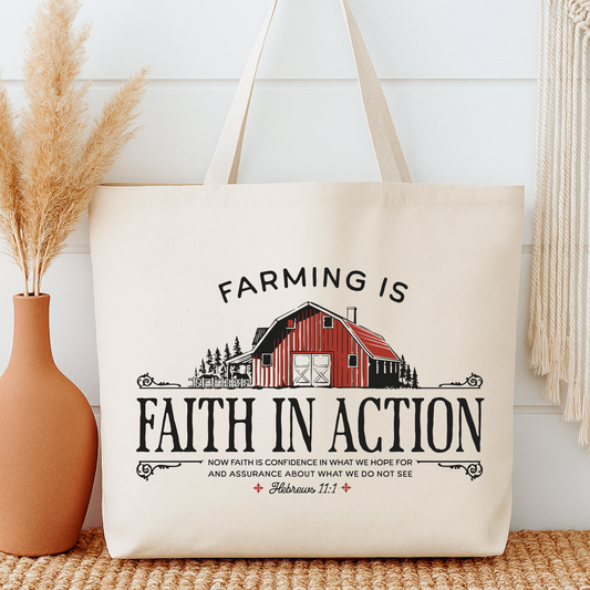 Tote bag with 'Farming is Faith in Action' design next to a vase with dried plants on a wooden surface.