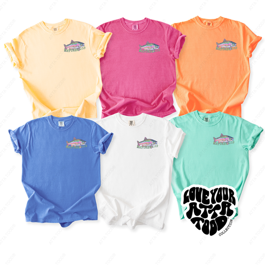 Collection of colorful t-shirts with fishing-themed designs on the pockets of t-shirts. Follow me will make you fishers of men scripture theme. Matthew 4:19