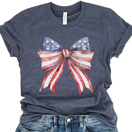 Patriotic American flag graphic t-shirt, Coquette bow, 4th of July