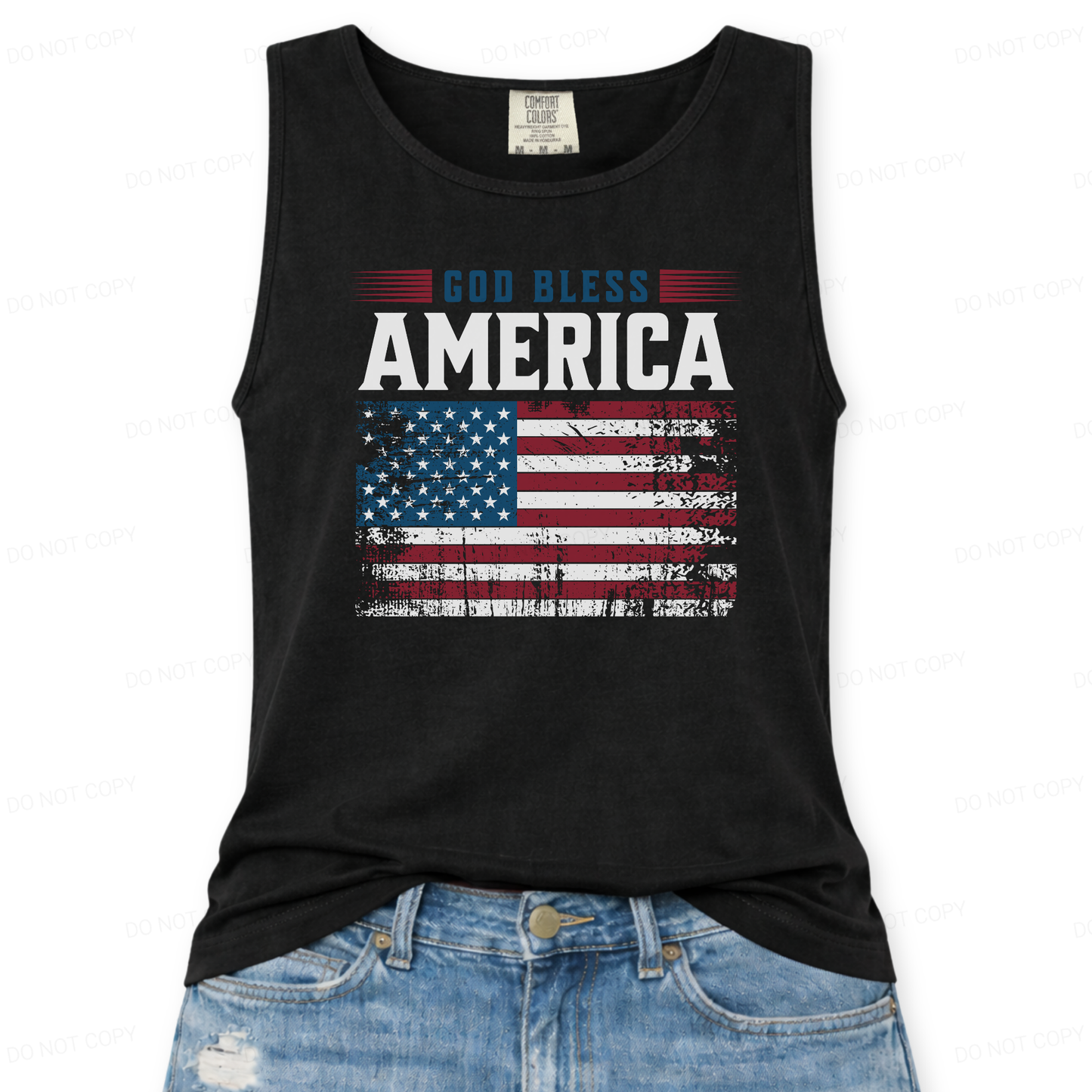 Black tank top with 'God Bless America' and American flag design on a white background