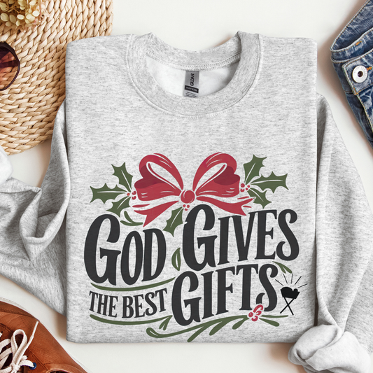Gray sweatshirt with 'God Gives the Best Gifts' text and festive design on a white surface.