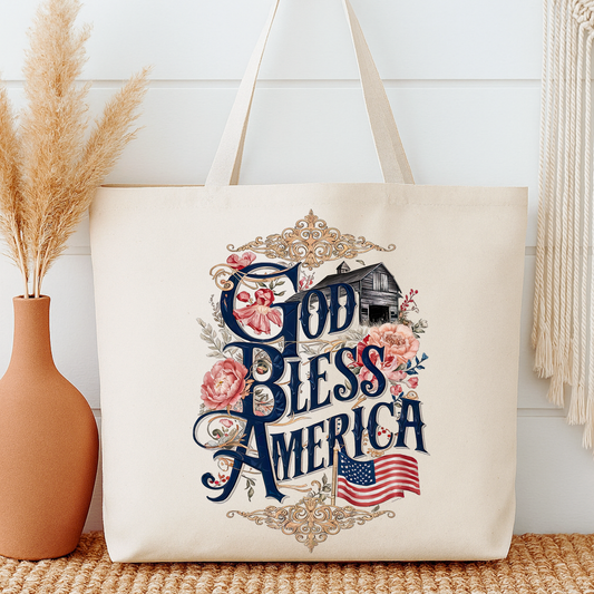 Tote bag with 'God Bless America' design on a neutral background