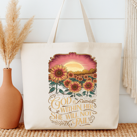 Tote bag with floral design and motivational quote next to a vase on a wooden surface.  God is within her