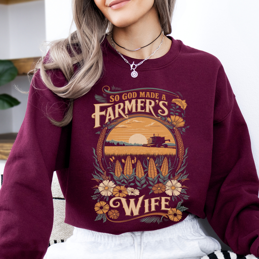 So God made a Farmer's Wife maroon graphic sweatshirt.  Corn field with tractor