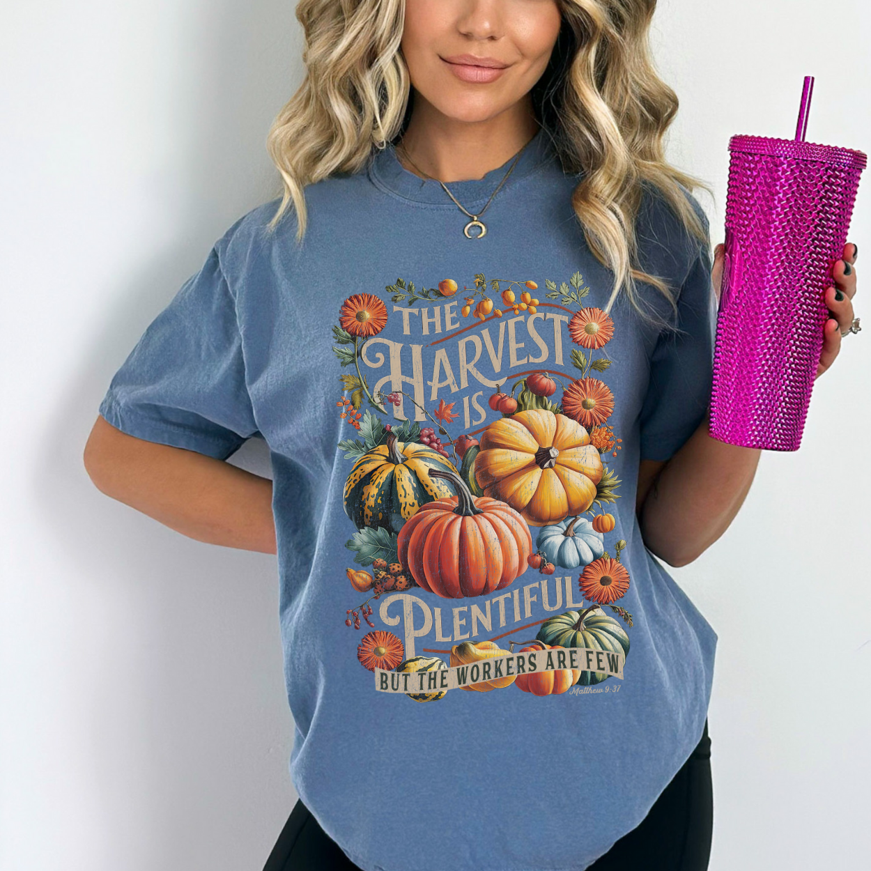 The harvest is plentiful but the workers are few Matthew 9:37 blue t-shirt with small and large colorful pumpkins