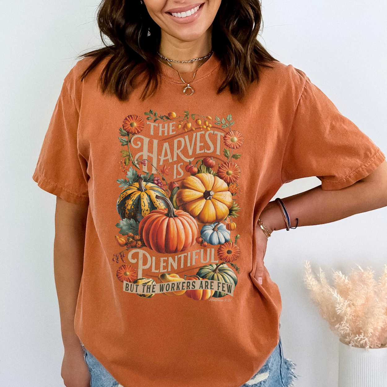 Plentiful Harvest Christian Fall Pumpkin Graphic T-Shirt | ATTA TOOD®