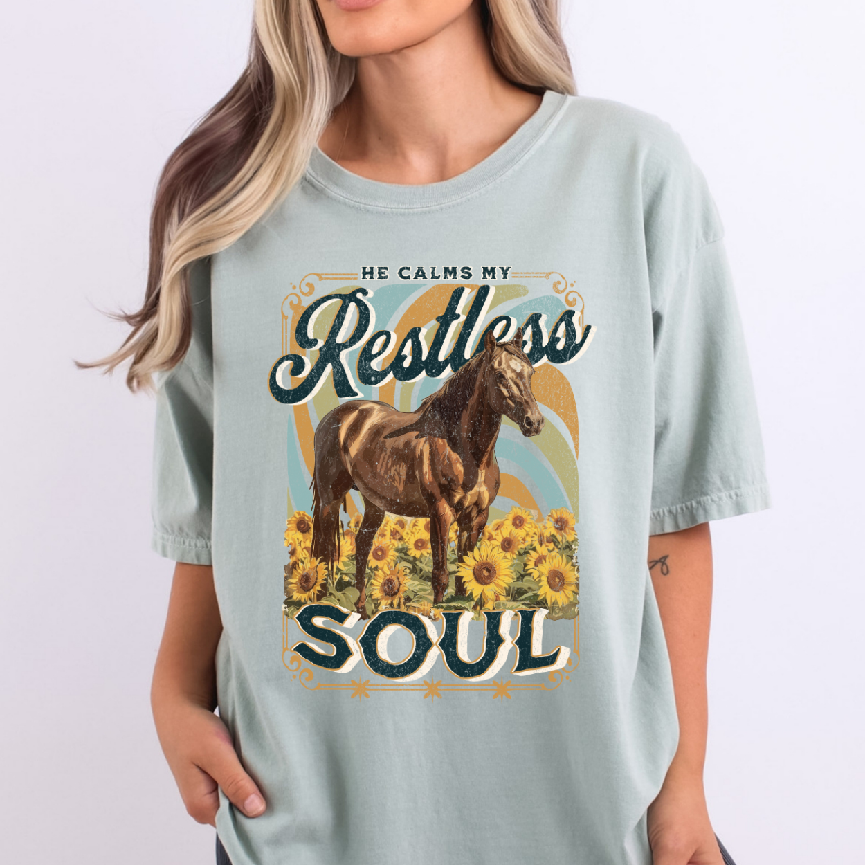 Calms the Restless Soul Christian Horse Graphic T-Shirt | ATTA TOOD®