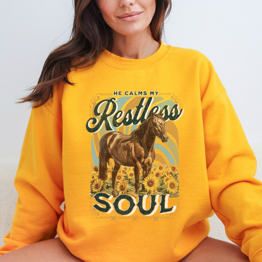 Person wearing a yellow sweatshirt with a horse and sunflower design and text.  He calms the restless soul