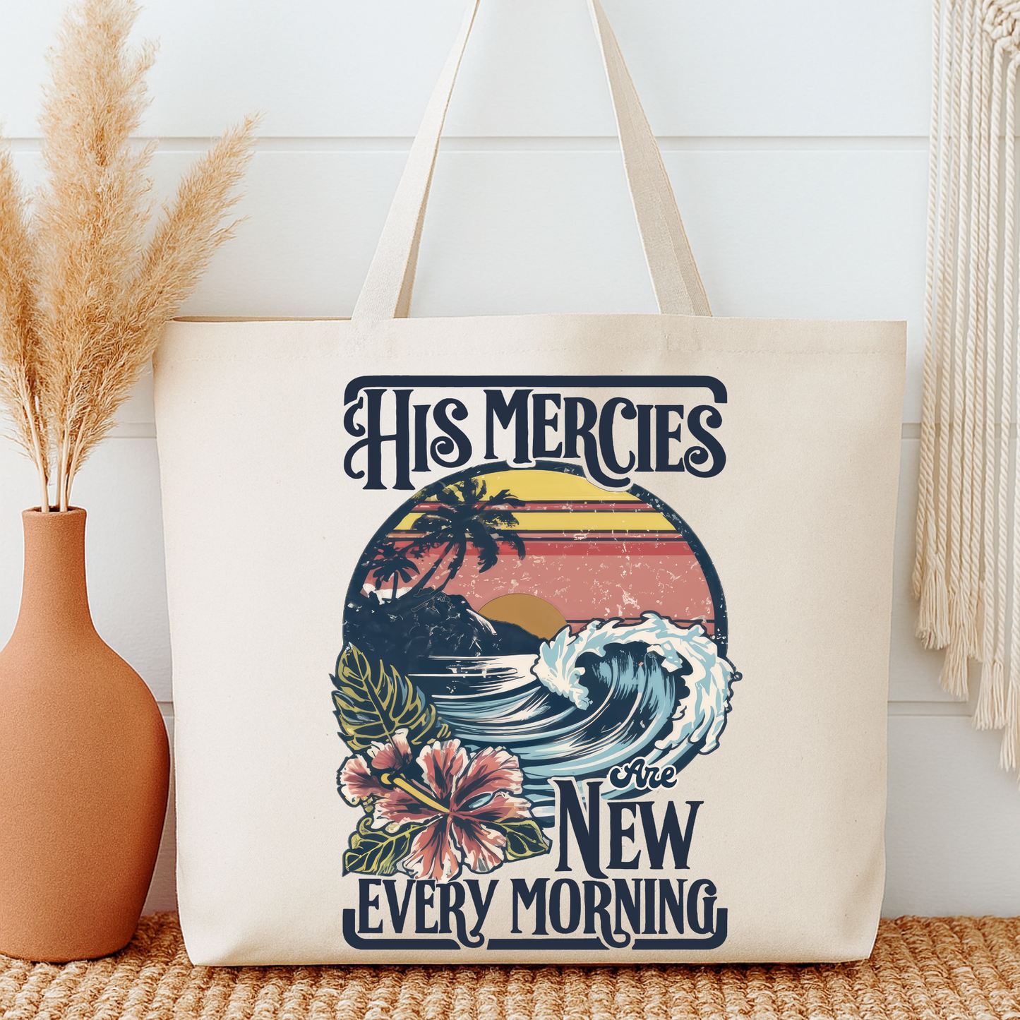 Tote bag with nature-themed design and text on a neutral background.  His mercies are new every morning