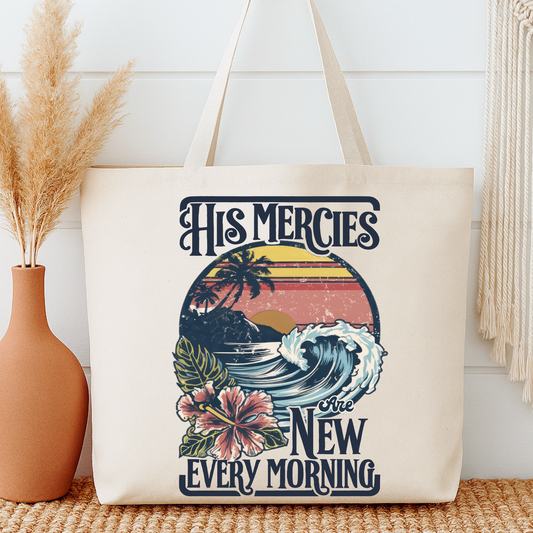 Tote bag with nature-themed design and text on a neutral background.  His mercies are new every morning