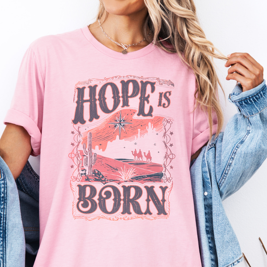 Hope is Born Christmas graphic t-shirt, Christian holiday top