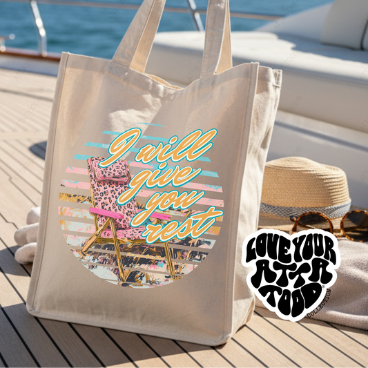 Jumbo tote bag the features a pink leopard beach chair that says I will give you rest