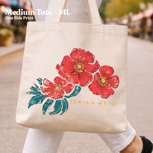 Isaiah 41:10 Red Floral Christian Faith Canvas Tote Bag
