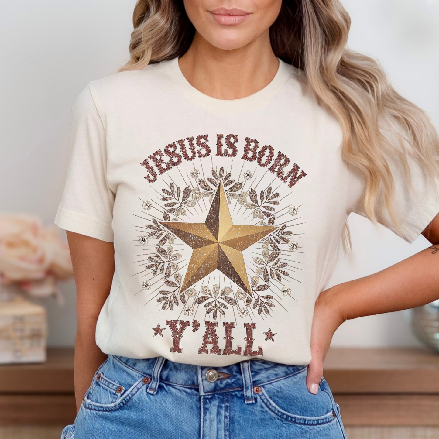 Jesus is Born Y'all Western Christmas Graphic T-Shirt | ATTA TOOD®