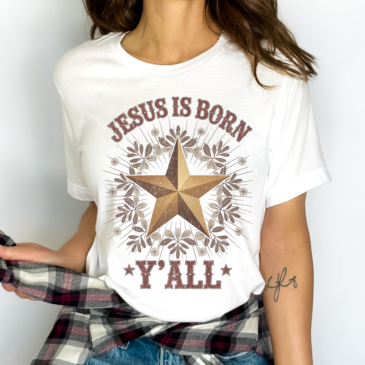 Jesus is Born Y'all Western Christmas Graphic T-Shirt | ATTA TOOD®