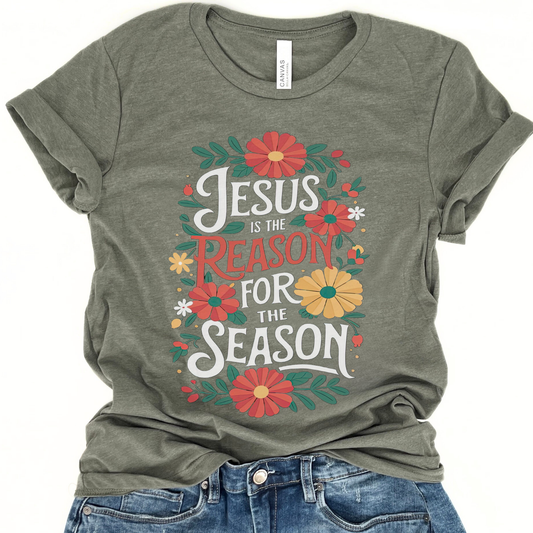 Jesus is the Reason Christmas graphic t-shirt, Christian Floral top