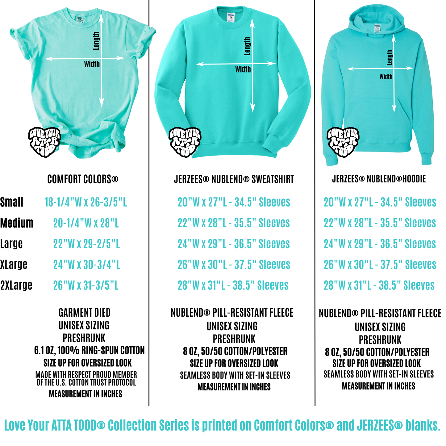 sizing chart for comfort colors t-shirts and Jerzee sweatshirts and hoodie