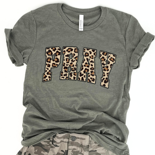 Pray leopard print women's graphic t-shirt, Easter, Christian top