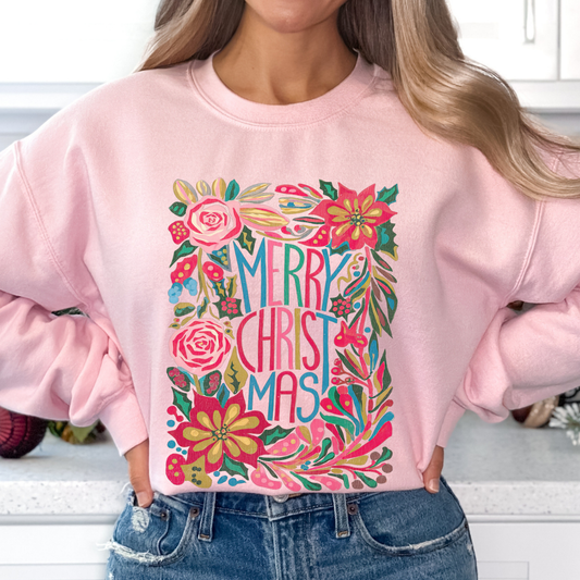 Merry Christmas graphic sweatshirt, Boho floral top