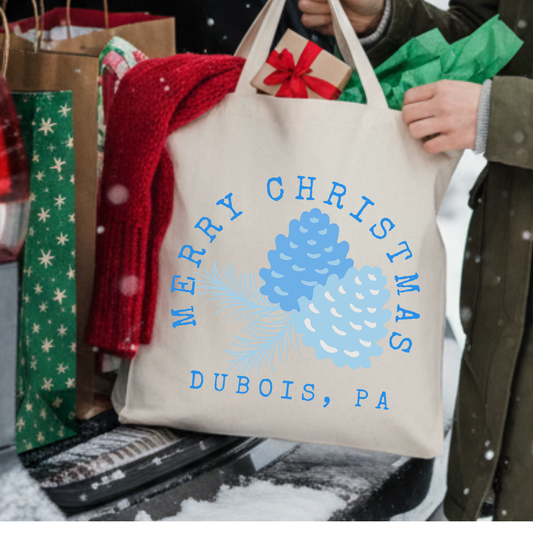 Personalized blue Christmas pine cone tote | Custom book bag