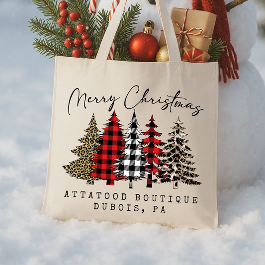 Personalized plaid Christmas trees tote | Custom Book bag