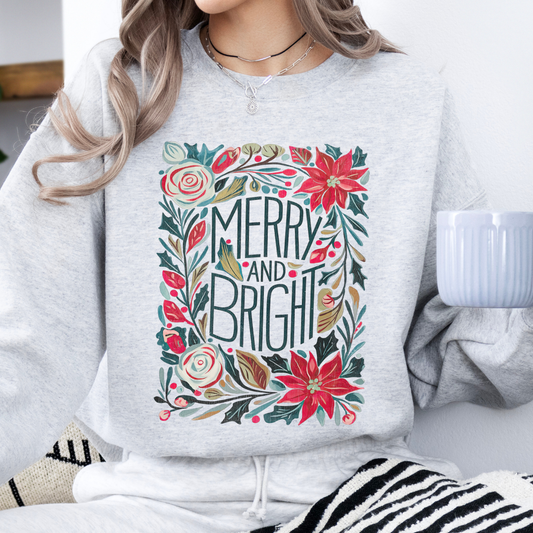 Merry and bright Christmas graphic sweatshirt, Boho floral