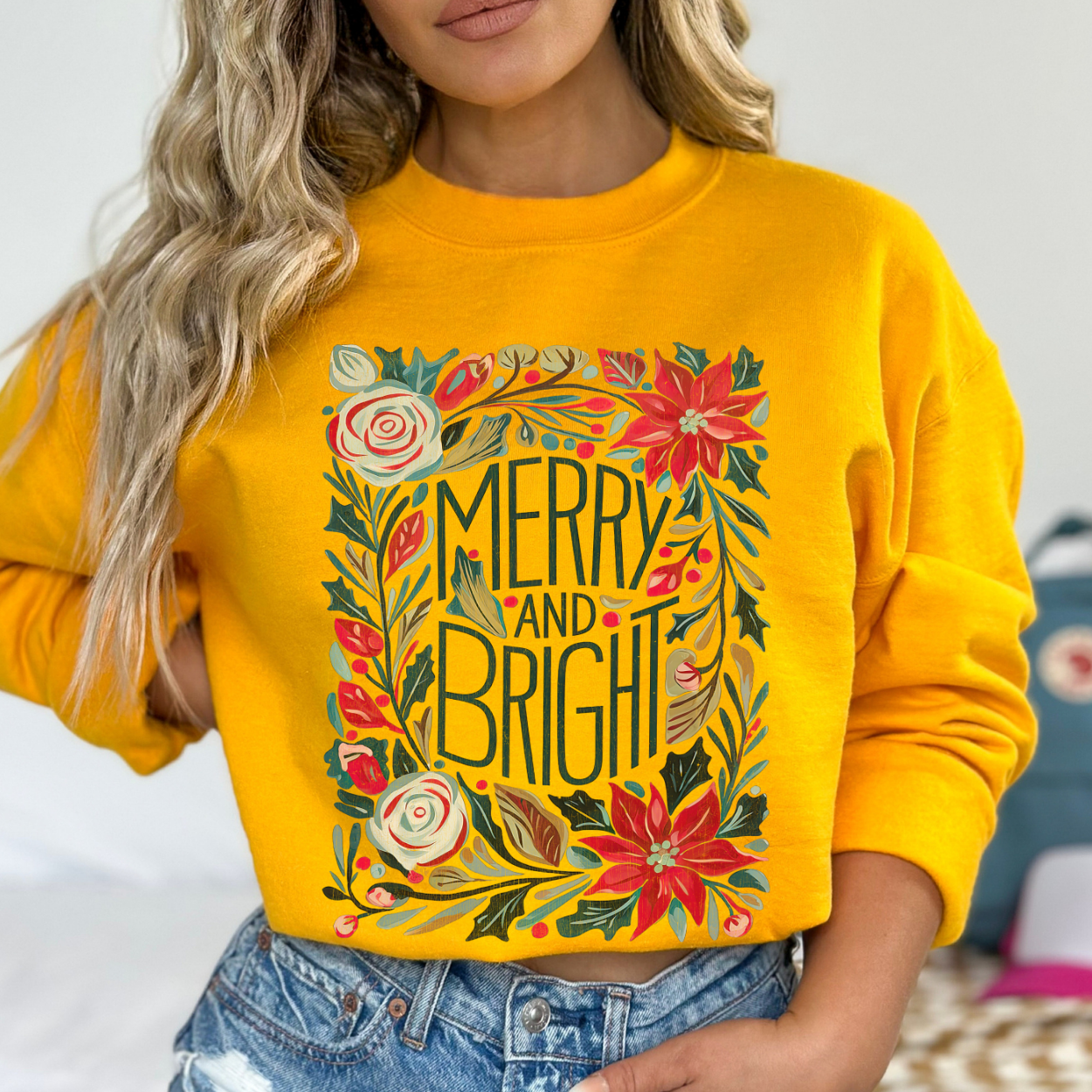 Merry And Bright Boho Christmas Floral Graphic Sweatshirt | ATTA TOOD®