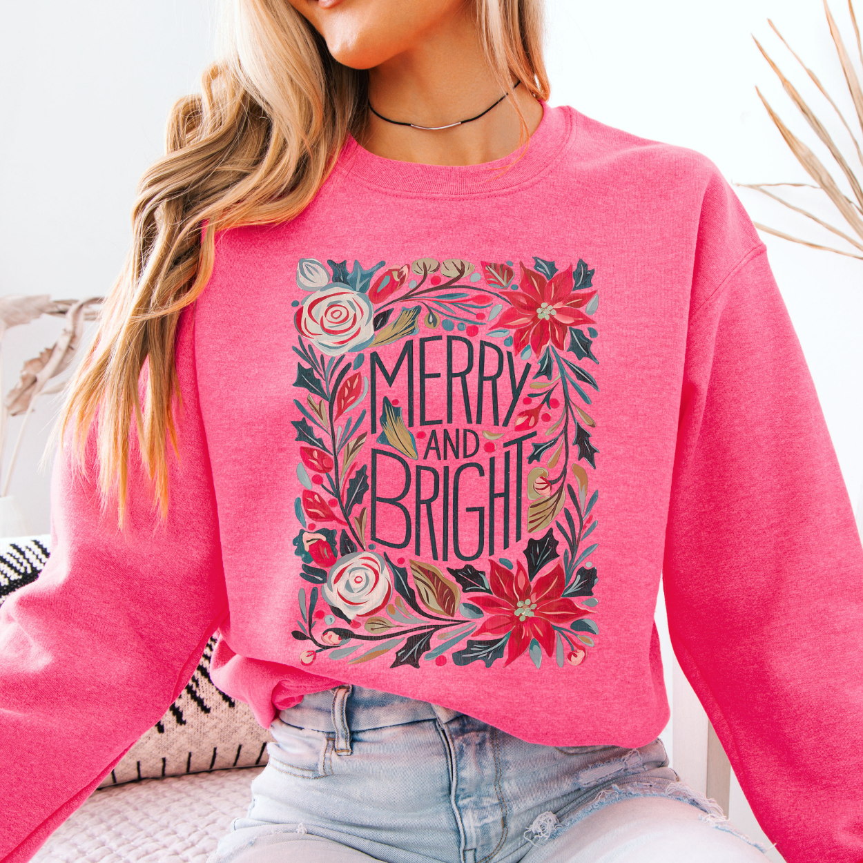 Merry And Bright Boho Christmas Floral Graphic Sweatshirt | ATTA TOOD®