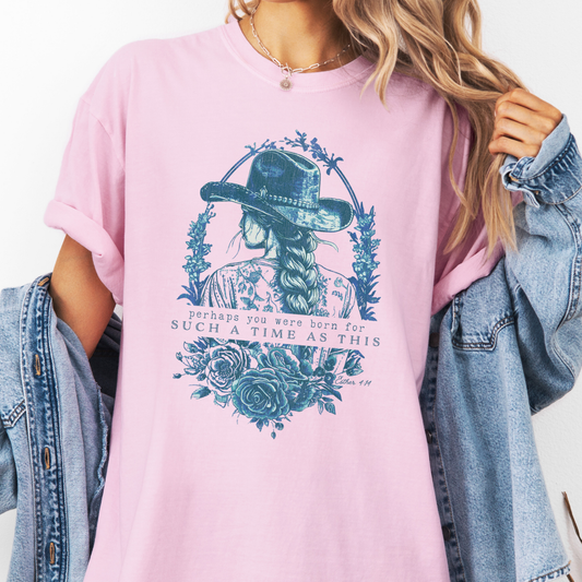 Perhaps you were born for such a tie as this Esther 4:!4 on a pink t-shirt Large blue  back of a cowgirl with long braided hair.