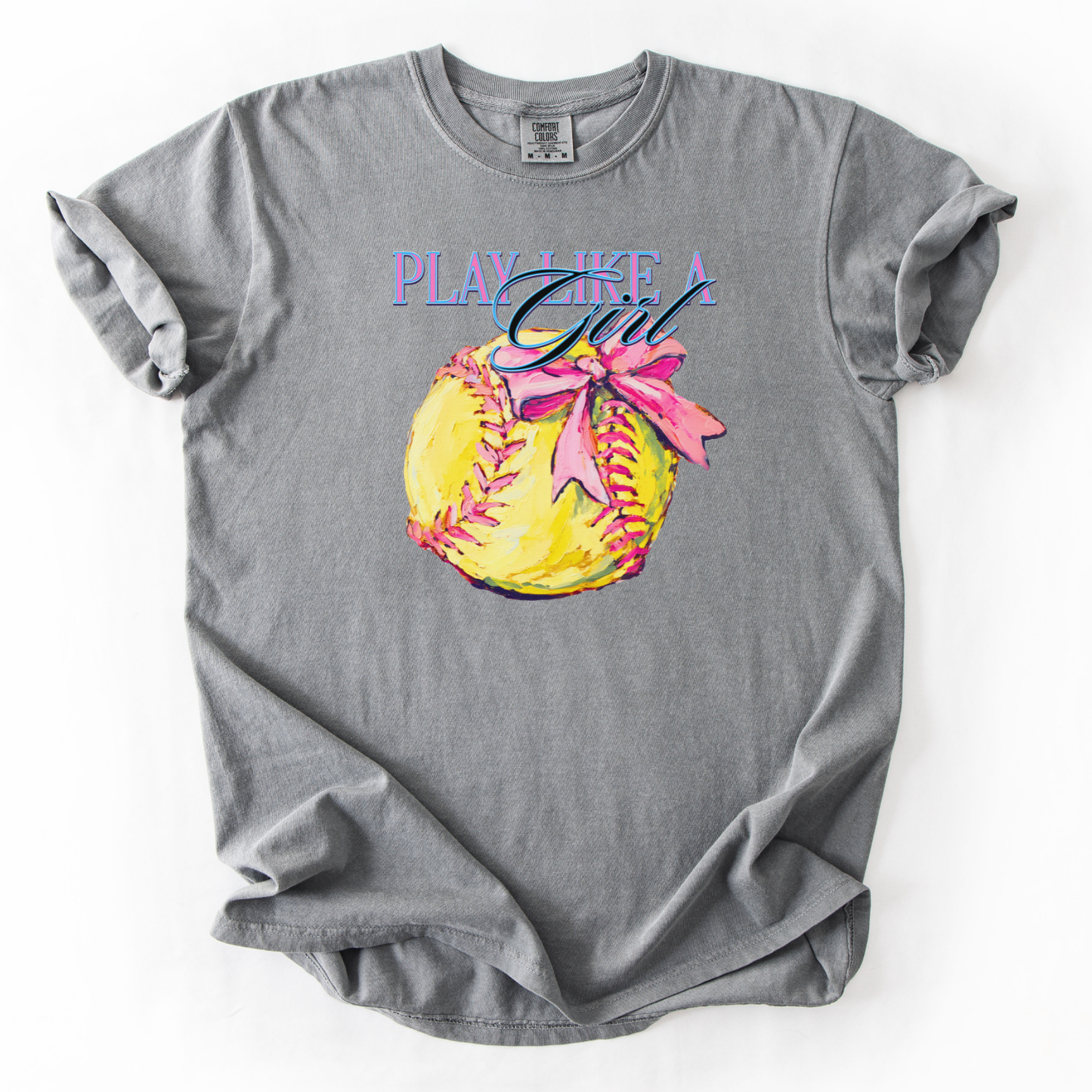 gray t-shirt with a graphic of a softball and text 'Play Like a Girl' on a white background