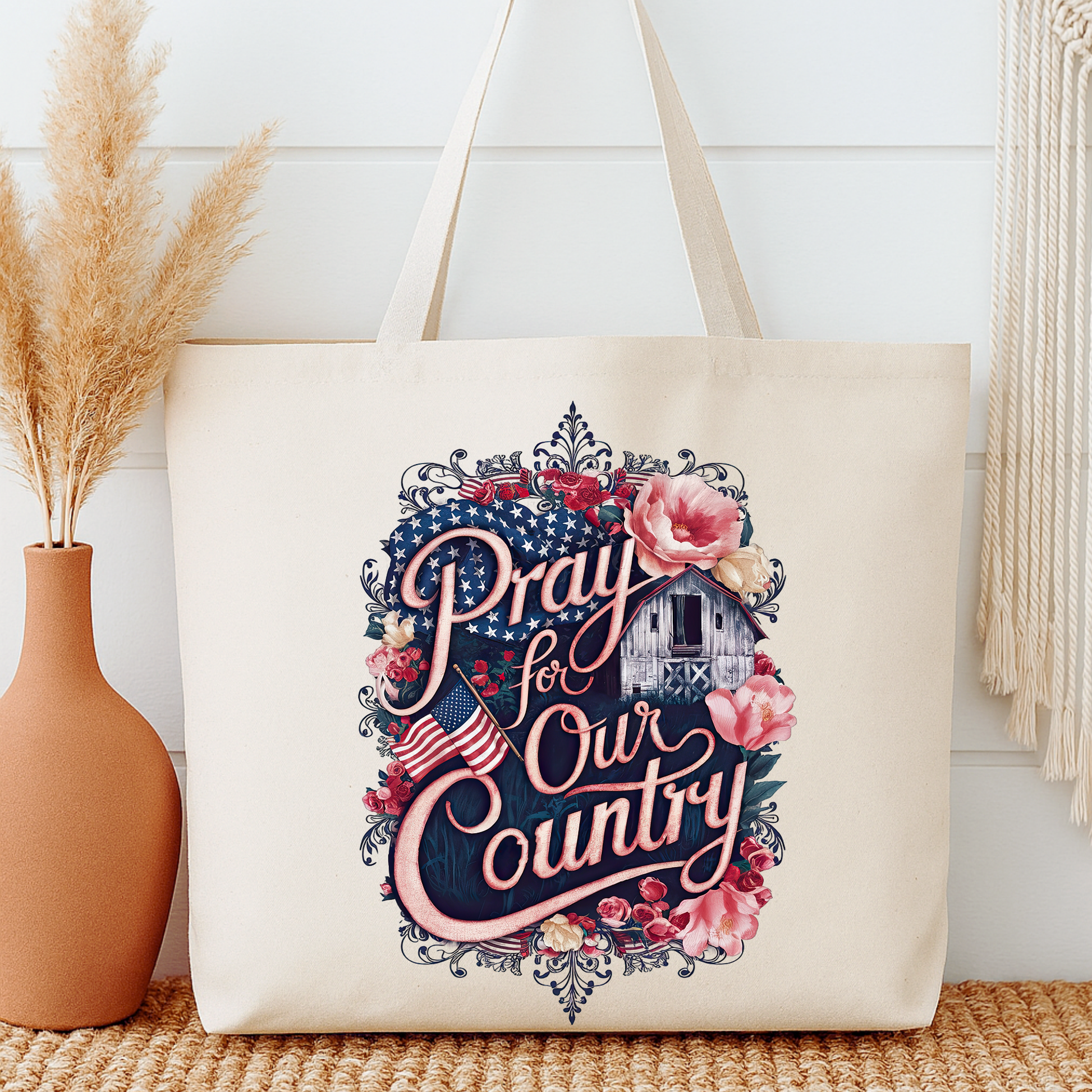 Tote bag with 'Pray for Our Country' design on a neutral background