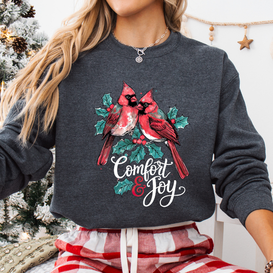 Comfort and Joy Christmas 2 Red Cardinals dark gray sweatshirt