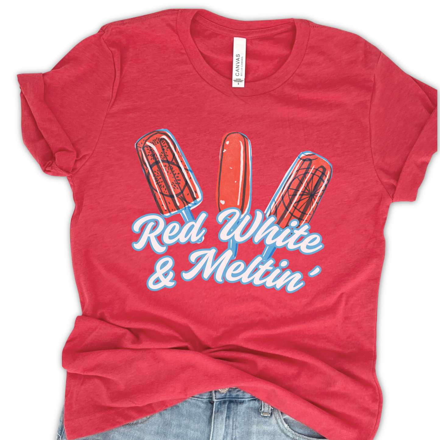 A red crew neck t-shirt with a graphic print of three popsicles and the text 'Red White & Meltin''.