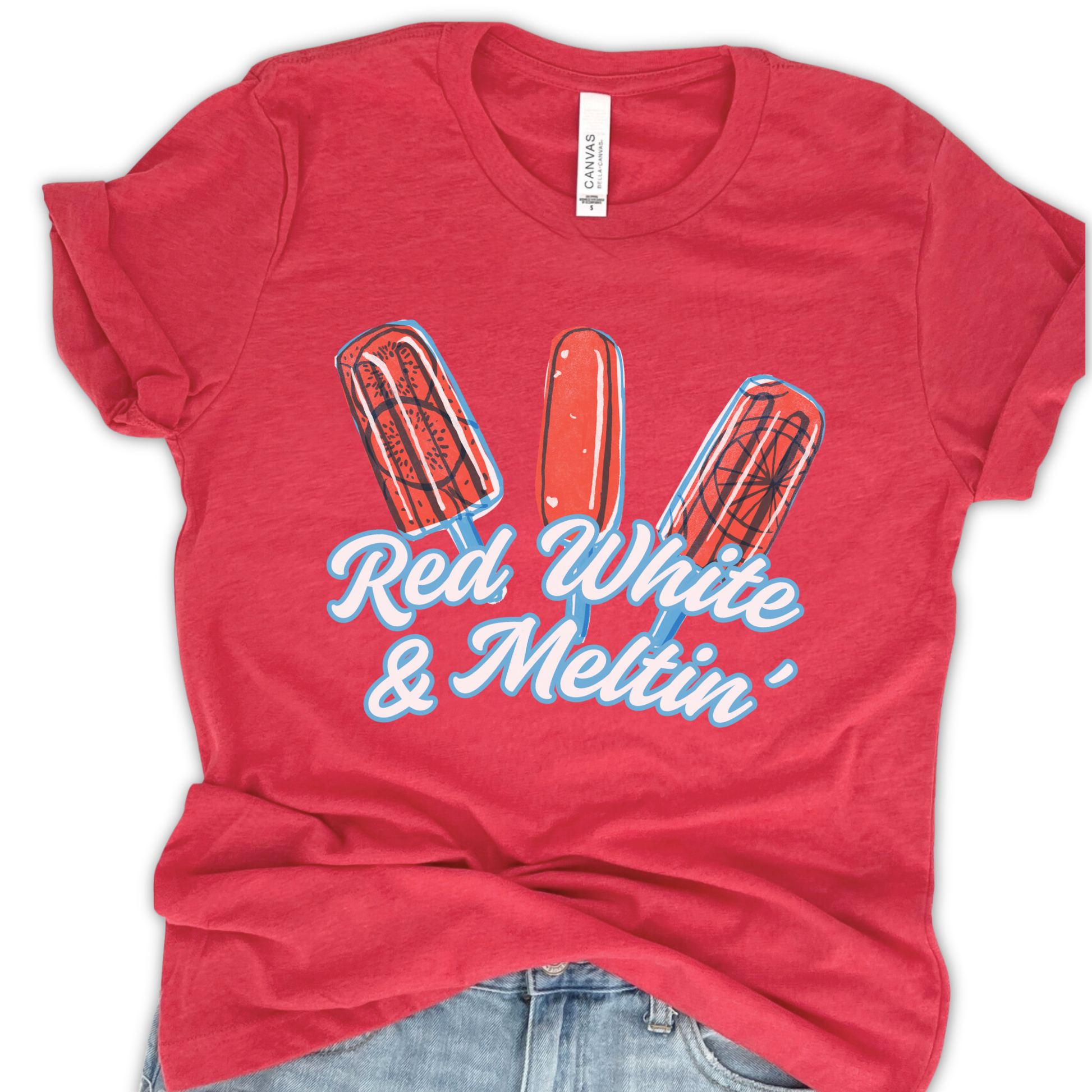 A red crew neck t-shirt with a graphic print of three popsicles and the text 'Red White & Meltin''.