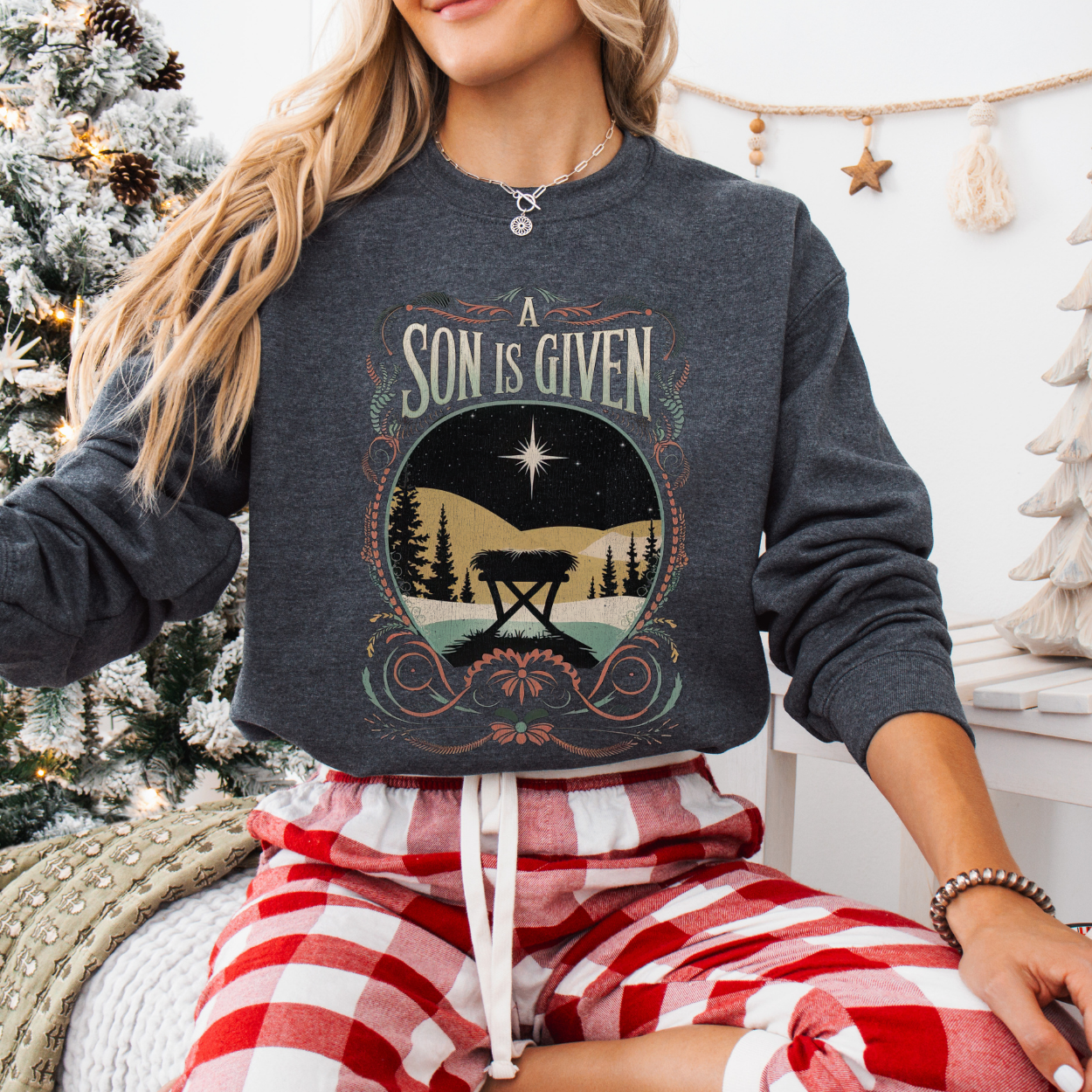 Person wearing a dark gray sweatshirt with a Jesus be sitting under a star in the desert with trees.  Christmas scene. A son is given