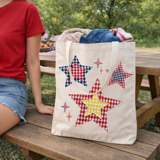 Fourth of July Tote Bag | Gingham Patchwork Graphic Stars