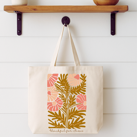 Thankful For Jesus Floral Tote Bag | Faithbased | ATTA TOOD®