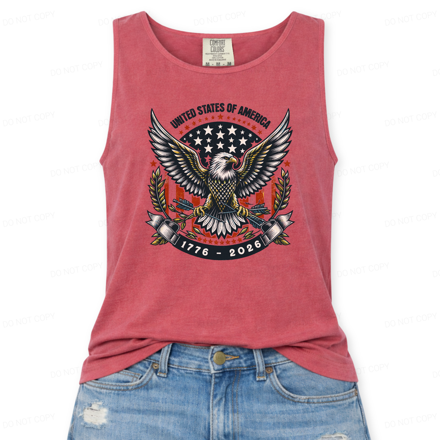 Red tank top with eagle graphic and 'United States of America' text on a white background