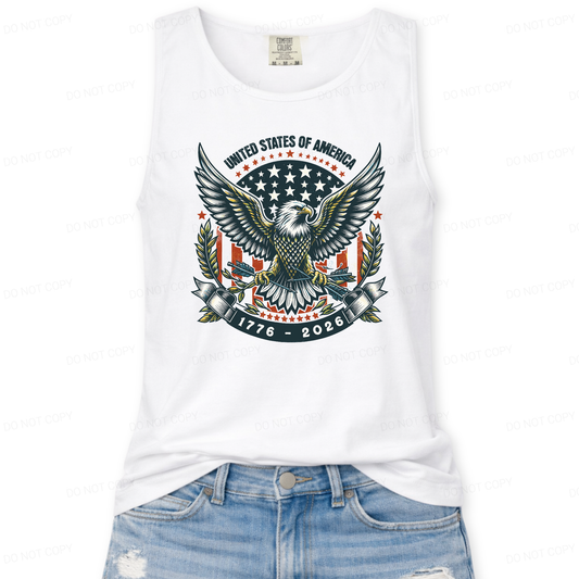 White tank top with eagle and American flag design on a white background